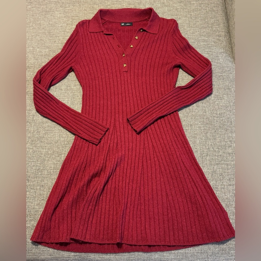 GAP Ribbed Long-Sleeve Polo Dress - Burgundy